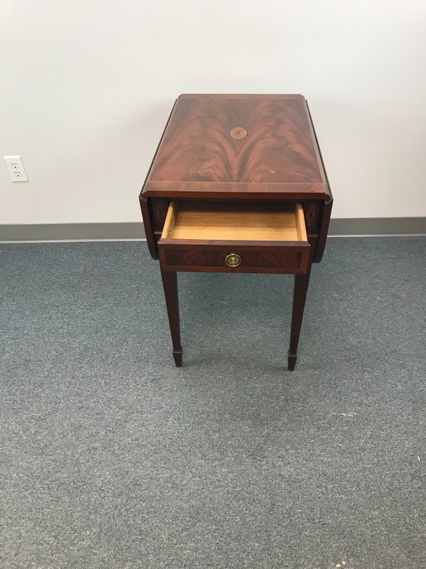 vintage Hekman Mahogany Drop Leaf Inlay Pembroke Side End Table Drawer 27" tall gallery