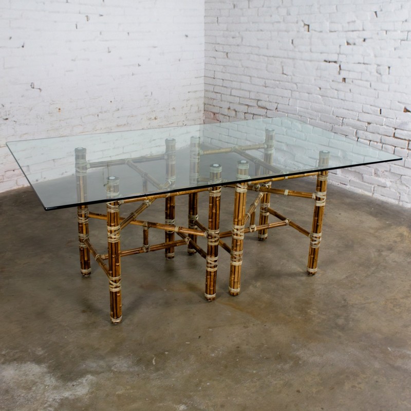 Campaign Style Double Pedestal Dining Table by McGuire Bamboo Bases & Glass Top