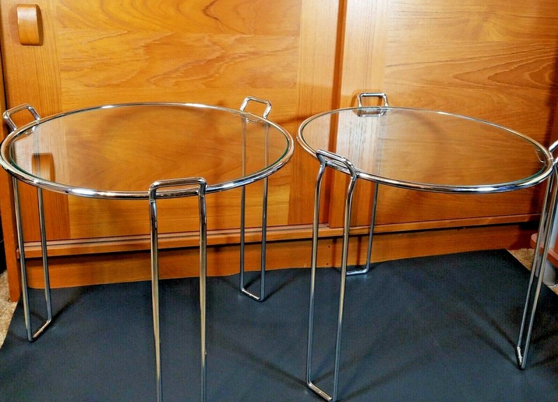 Mid Century Modern Saporiti Set of 2 Chrome Glass Round Nesting Side Tables 60s
