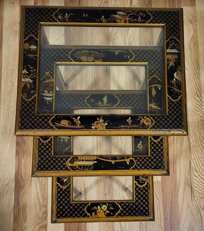 Set of 3 Vintage 20th C ENGLISH REGENCY Style CHINOISERIE Stack NESTING TABLES gallery