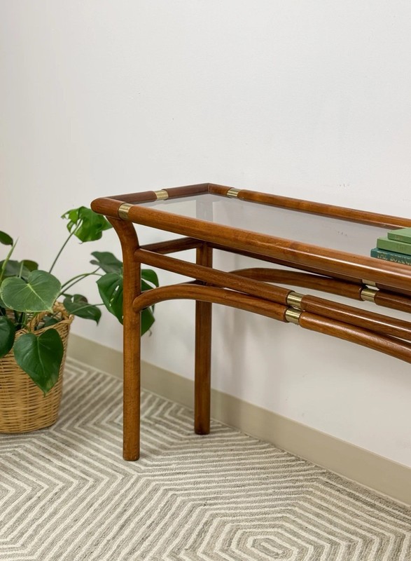 Mid Century Modern Bent Wood And Glass Console Sofa Table With Brass Inlay gallery