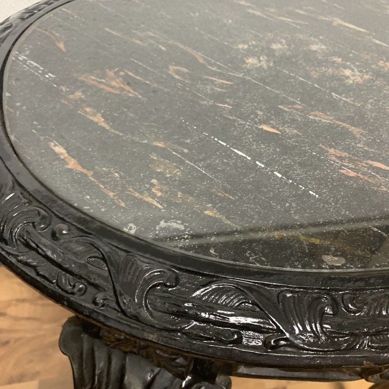 Antique 1880s Victorian Solid Cast Wrought Iron Table w/ Black Marble Top 24"L gallery