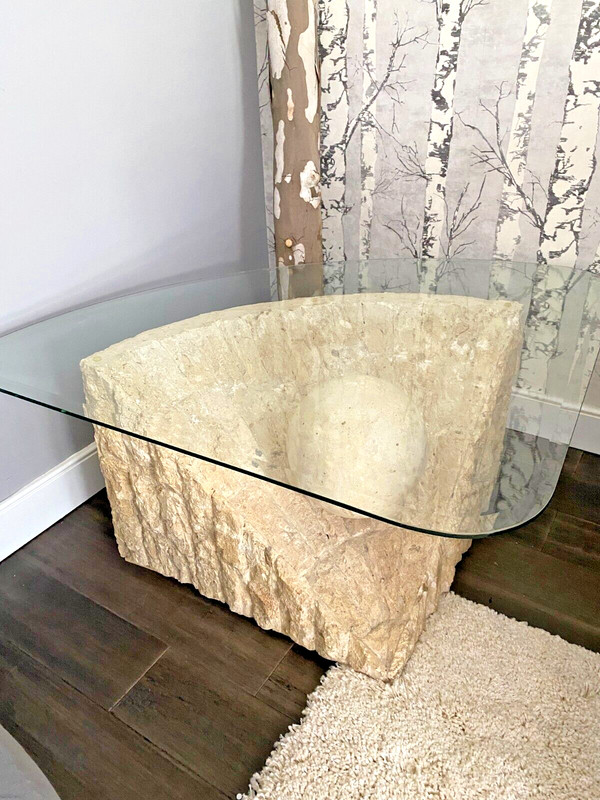 Post Midcentury Mod Glass & Travertine Tessallated Coffee Table 👀 NICE! 👀