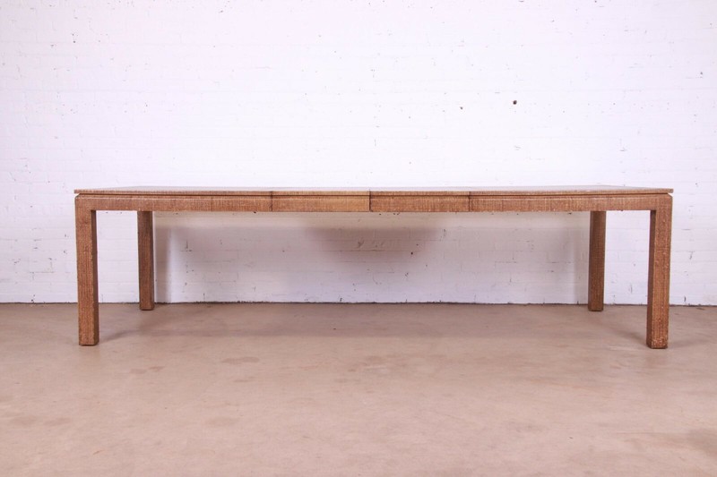 Karl Springer Attributed Mid-Century Lacquered Grasscloth Extension Dining Table gallery