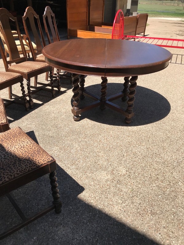 antique barley twist oak dining table chairs & leaves original finish rare set gallery