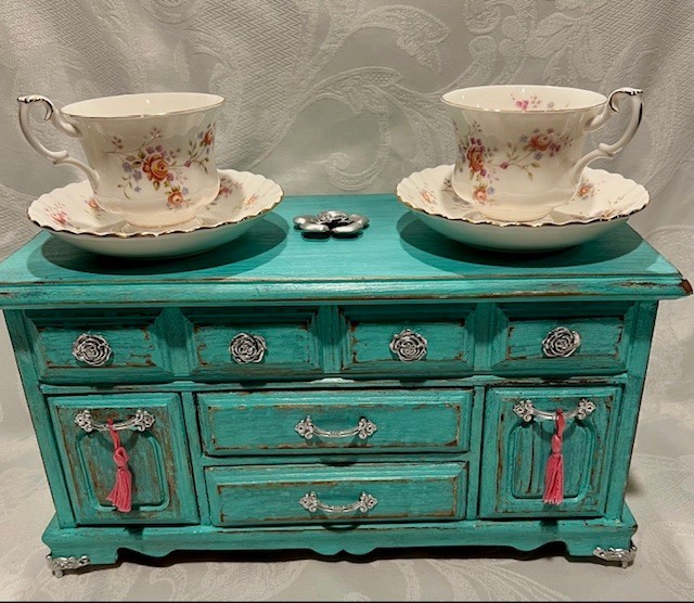 Vtg.French Country Style Distressed Teal Tea Station spoons/cups included