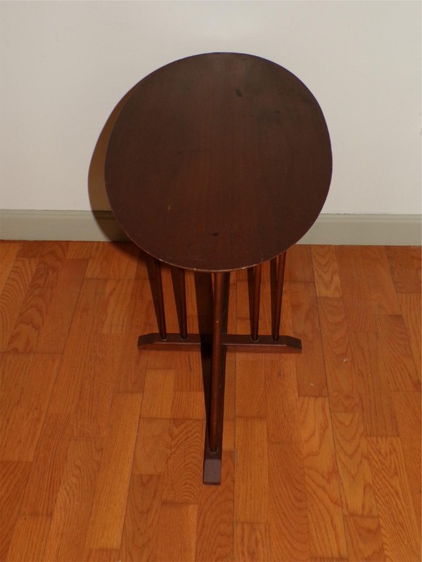 Vintage Mid Century Walnut Oval Surfboard Cocktail Table Spindle Side Table gallery