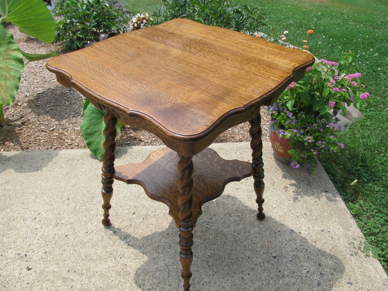 Victorian Antique Parlor Table Tiger Oak Barley Twist Legs and Lower Shelf gallery
