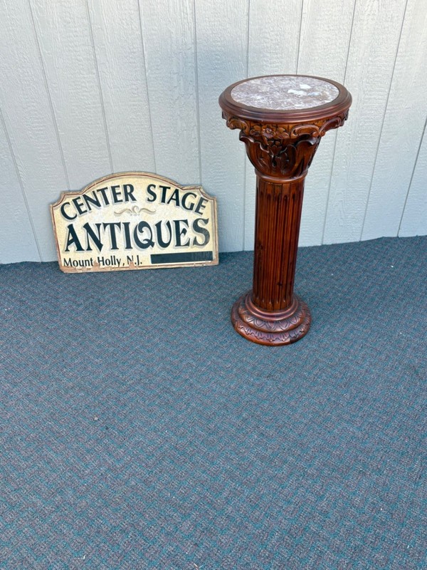 67416 Marble Top Decorative Pedestal with Carved Mahogany Column