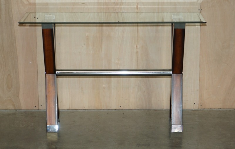 CONTEMPORARY DESIGNER CHROME TIPPED BEECH & GLASS X FRAMED CONSOLE TABLE gallery