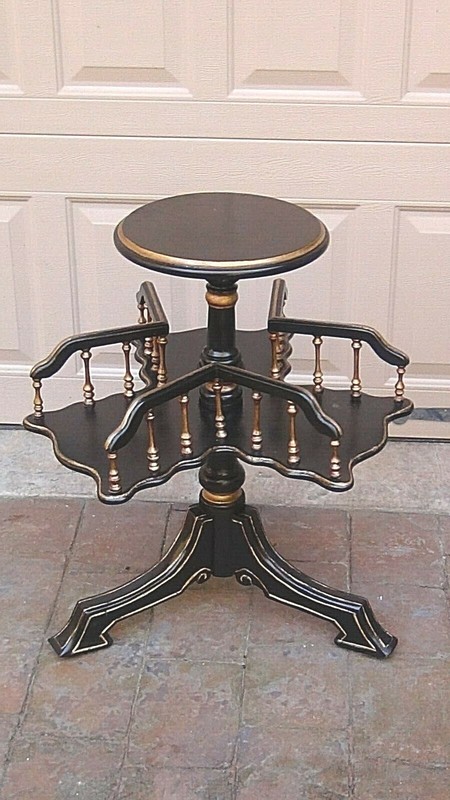 ANTIQUE GERMAN WOOD BLACK LACQUERED GILT ORNATE SERVING STAND W/SPIN ROUND SHELF