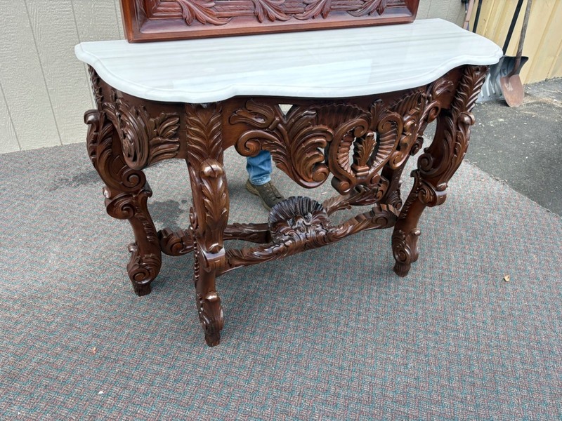 67574 Louis XV Style Marble Top Console Table with Ornate Mirror gallery