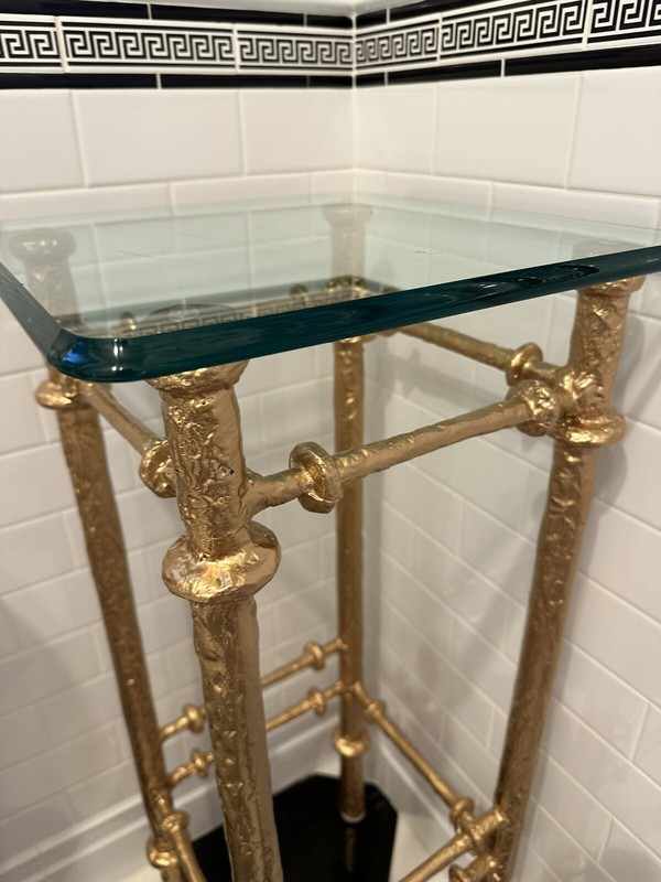 A Giacometti Style Gold Painted Cast Iron Pedestal Table gallery