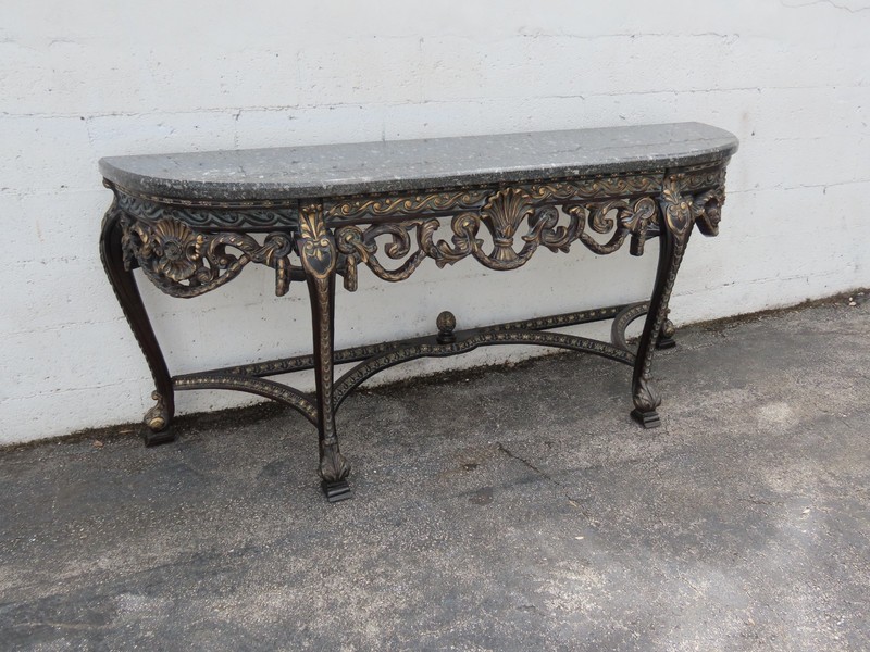 French Painted Black Heavy Carved Marble Top Large Long Console Entry Table 6381 gallery