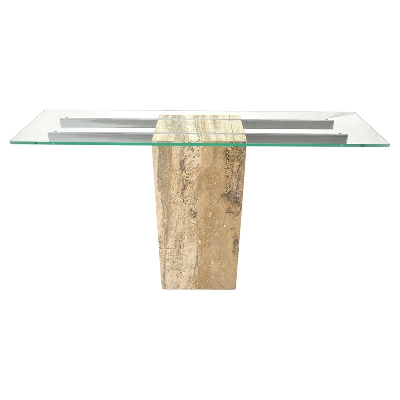 Single Travertine Pedestal Glass Top Italian Modern Sofa Console Table MINT!