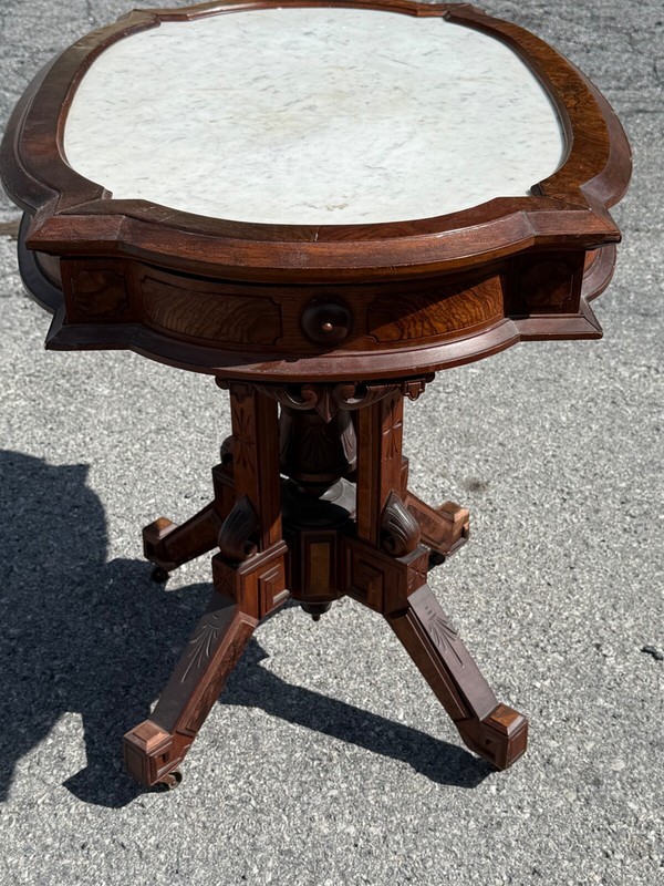 Antique Carved victorian walnut & rosewood marble top parlor center table stand gallery