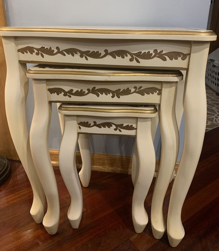 3 Piece Vintage Nesting Tables Cream & Gold Traditional Mid Century Modern gallery