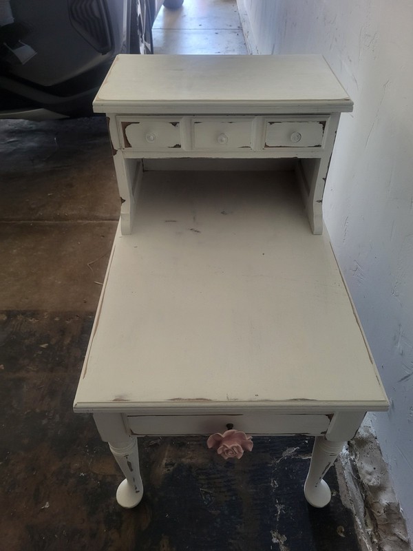 Refurbished White End Table With Pink Rose Vintage Shabby Chic California