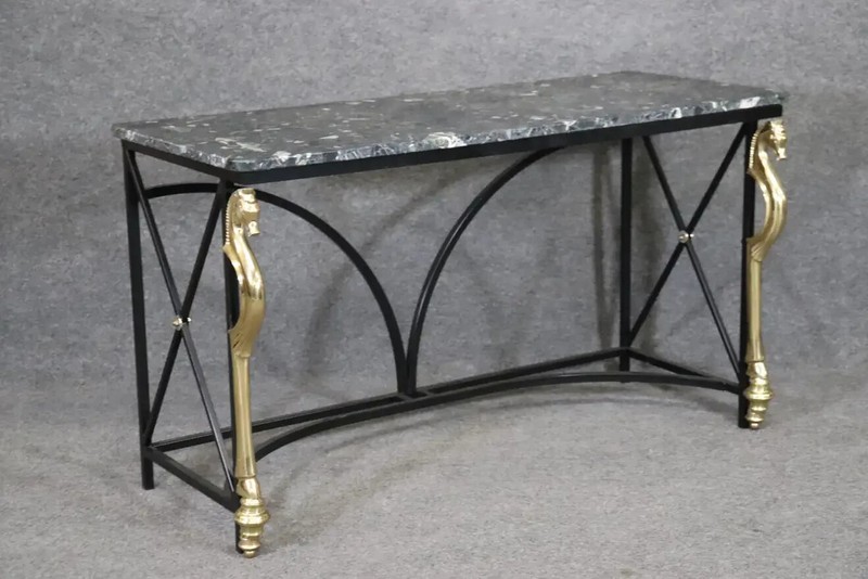 Maison Charles Style Brass Horse and Steel Verdi Marble Console Table circa 1970
