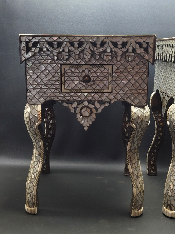 Antique Handmade Syrian Style Bedside Tables w/ Mother of Pearl Inlay gallery