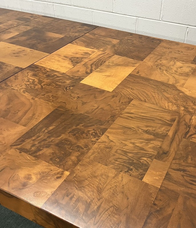 Paul Evans Mid-Century 105" Patchwork Burlwood Veneer Dining Table; 3 Leaves gallery