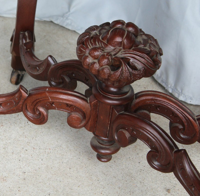 Antique Victorian Mahogany oval shaped Parlor Center Table – carved fruit basket gallery