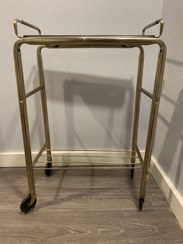 Mid Century Modern Hollywood Regency Bar Cart 2 Tier Shelf Gold Toned on Wheels gallery