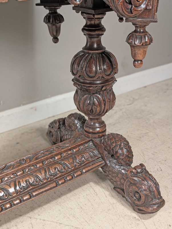 Petite Antique French Renaissance Dolphin Library Table/Desk in Oak Wood gallery