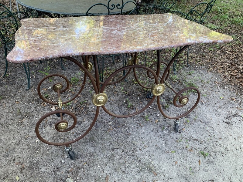 Antique European Italian Iron Bronze Pink Marble Bakers Table Island Patisserie