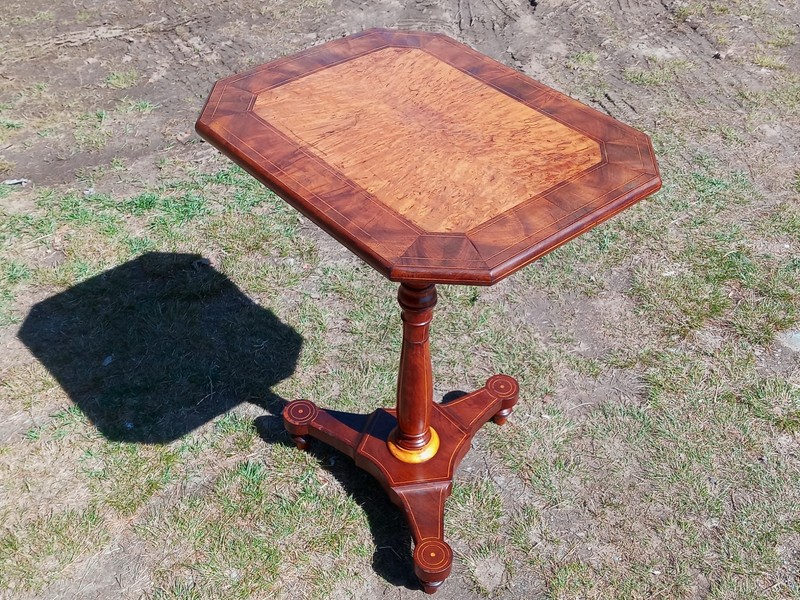 Antique Mahogany Burled Maple Center Satinwood Inlaid Pedestal Table Tripod Base gallery
