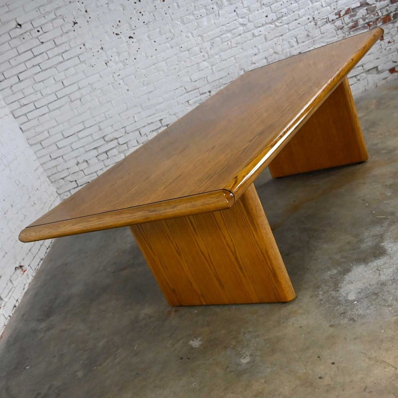 Modern Oak Large Trestle Style Dining or Conference Table Bullnose Edges gallery