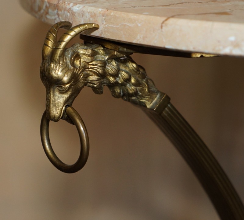 PAIR OF ANTIQUE FRENCH LOUIS XVI BRASS RAMS HEAD GUERIDON MARBLE TOP TABLES gallery