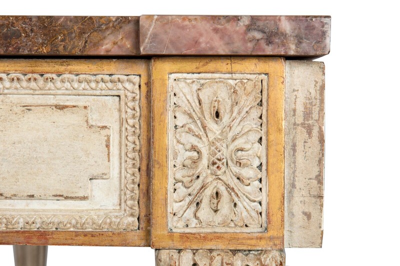 French Louis XVI Style White Painted and Parcel-Gilt Violet Marble Console Table gallery