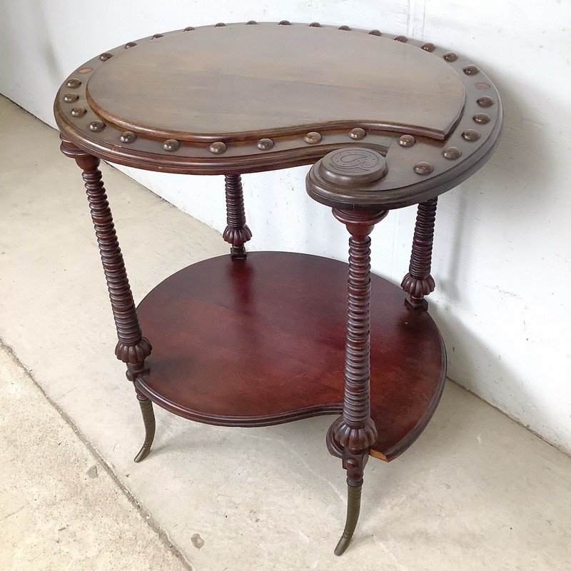 Antique Mahogany Two-Tier Kidney Table Bobbin Turned Legs Brass Sabre Feet gallery