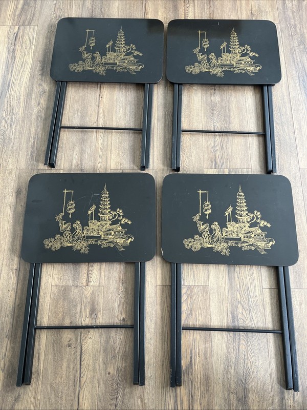 Set of 4 – Artex Folding Table, Engraved & Painted, Asian Art