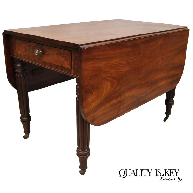Antique Federal Sheraton Mahogany Drop Leaf Breakfast Dining Table w/ Drawer