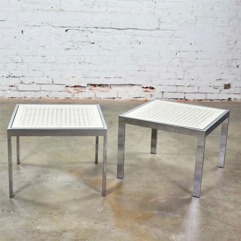 Pr Chrome & White Cane Square Side Tables Glass Top Mid Century Modern to Modern gallery