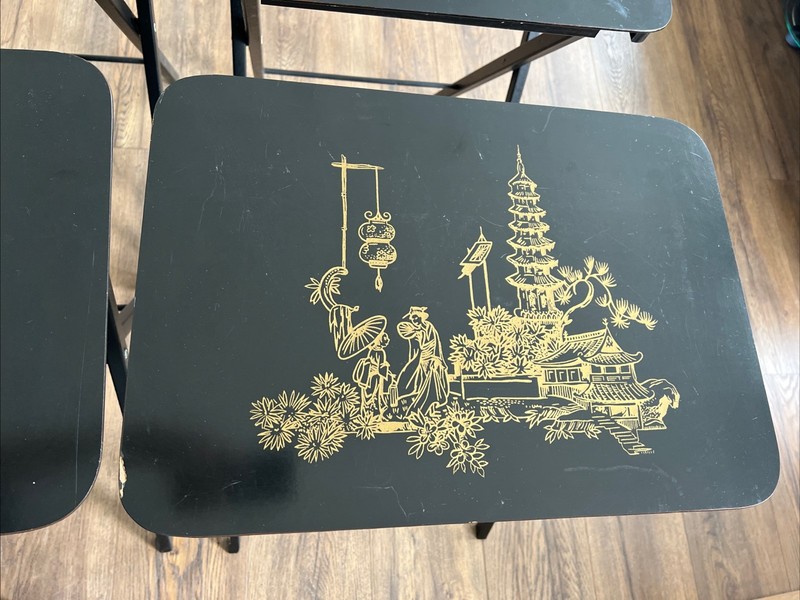 Set of 4 - Artex Folding Table, Engraved & Painted, Asian Art gallery