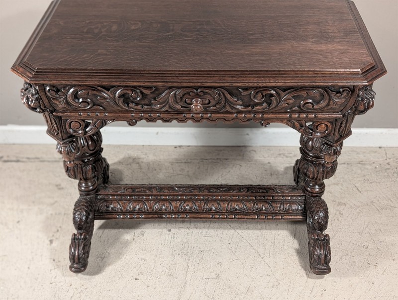 Petite Antique French Renaissance Dolphin Library Table/Desk in Oak Wood gallery
