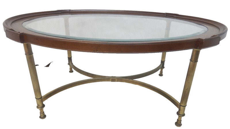 Mid Century Coffee Table by Brandt Beveled Glass & wood with Brass Column legs