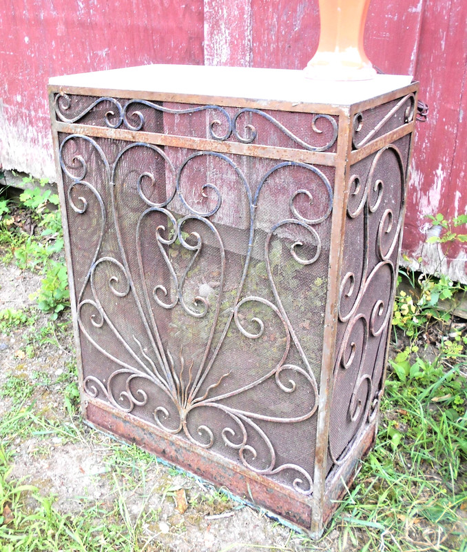 ANTIQUE SCROLLED WROUGHT IRON CONSOLE TABLE WITH A MARBLE TOP