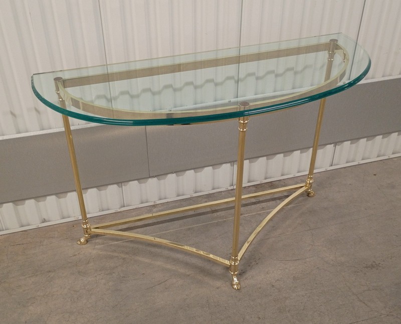 LaBarge Hollywood Regency Style Demi-Lune Brass & Glass Table w Hooved Feet gallery