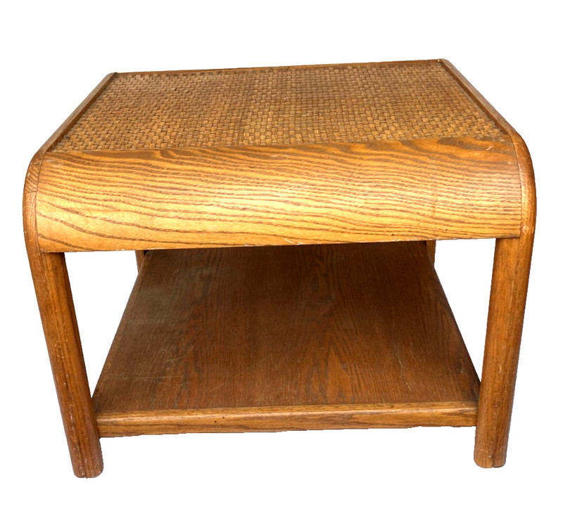 Vintage Mid Century Oak Wood Side / End Table Woven Rattan Top Boho MCM - Rare! gallery