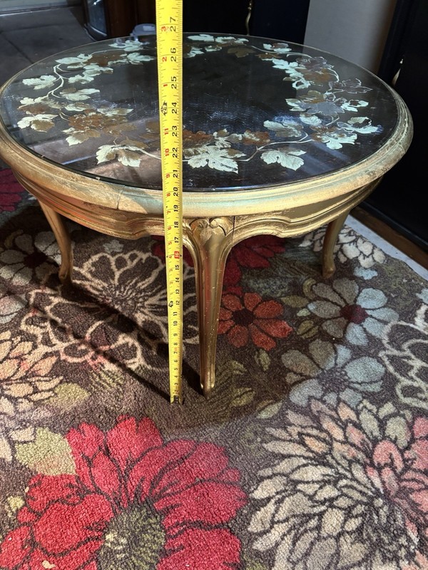 Antique Victorian Round Gold Coffee Table Floral Glass Top Wood Carvings gallery