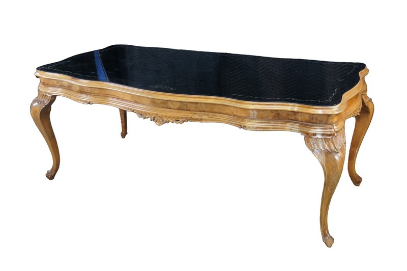 Antique Italian Baroque Venetian Walnut Burl Black Top Glass Dining Table Desk gallery