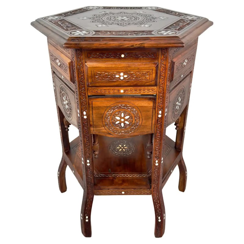 Vintage Syrian Hexagonal Walnut Hand -Carved Center of End Table