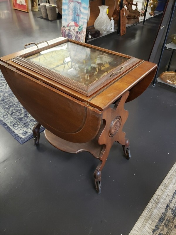 Early 20th Cent. English Victorian Walnut Two-Tier Drop Leaf Serving Cart & Tray gallery