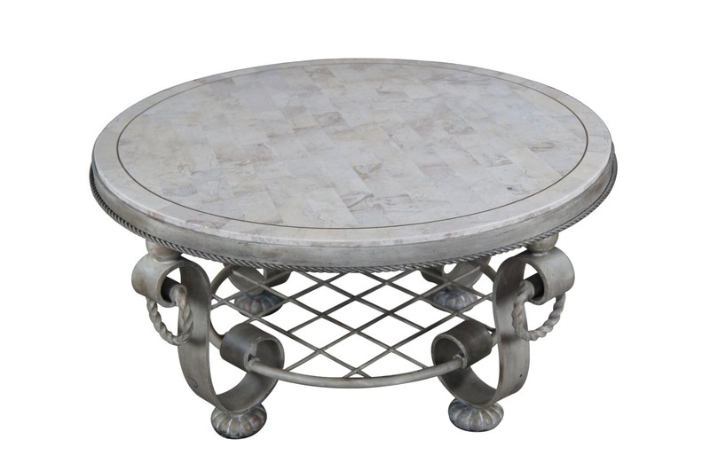 Maitland Smith Round Tessellated Stone Scrolled Iron Coffee Cocktail Table 37" gallery