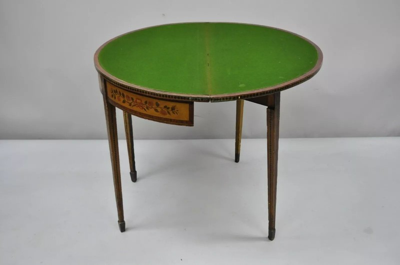 19th C. English Edwardian Polychrome Adams Painted Demilune Console Game Table gallery