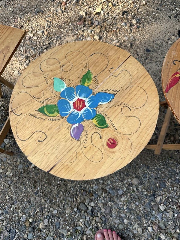 VTG Hand Painted Folding Wood Decorative Round 18″ D Side Table Floral Gorgeous